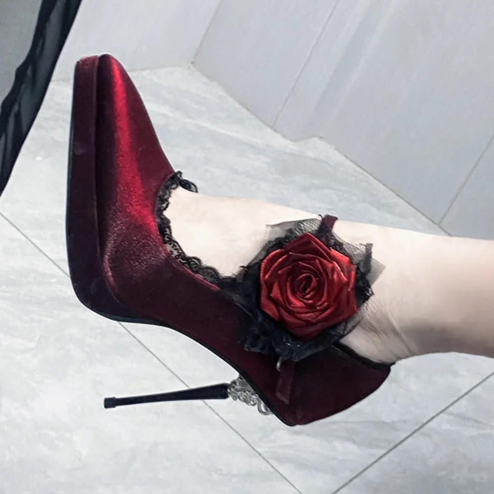 Romantic Gothic-Glam Style Burgundy Satin Platform Pumps 3D Red Rose Black Lace Detail Pointed Toe 11cm Stiletto Heel Pumps