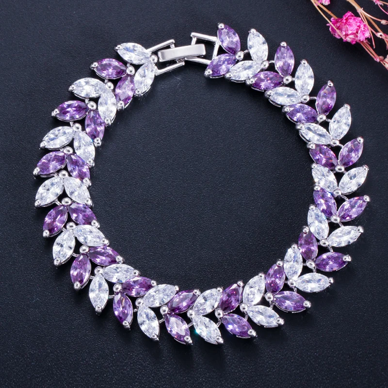 ThreeGraces Sparkling Cubic Zirconia Leaf Shape Bridal Wedding Party Bracelet for Women Fashion Engagement Costume Jewelry BR209