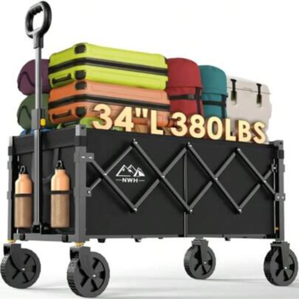 34 Inch Extra Long Collapsible Wagon, 380 lbs Heavy Duty Folding Utility Cart with All Terrain Wheels, Adjustable Handle, Side Storage Bag and Cup Holders, Portable Foldable Wagon for Beach Camping Grocery Shopping Garden Sports Travel Moving, No