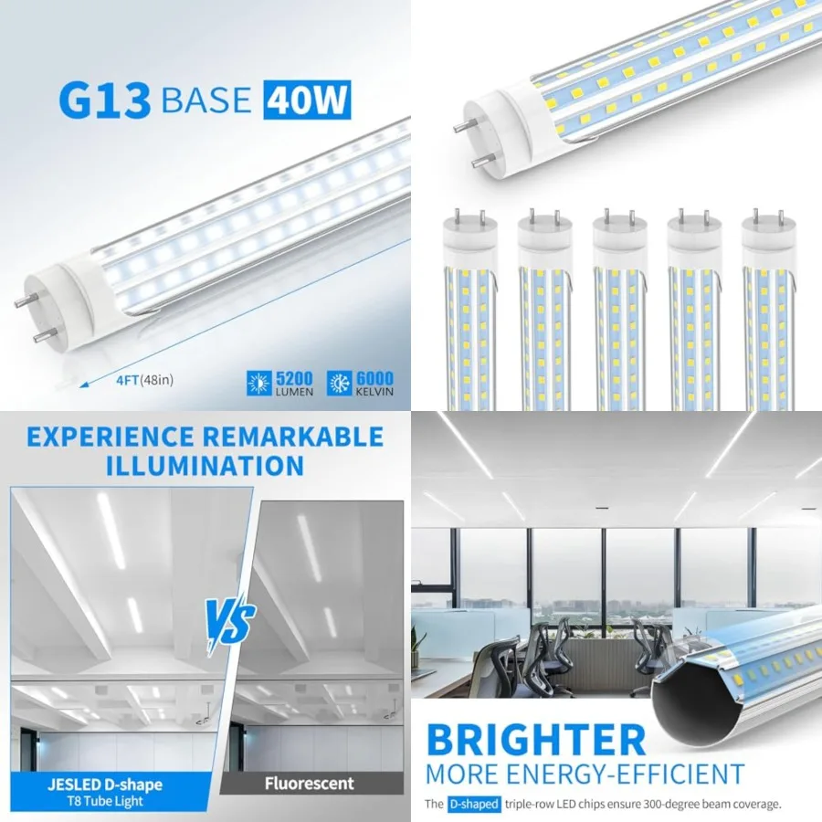 

4Feet T8 LED Bulbs - 40W 96W Equiv 5200LM Cool White, D-Shaped, Type A+B Mode Ballast Bypass or Plug and Play, Double-End Power