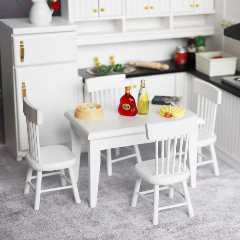 1:12 Dollhouse Miniature Dining Set, White Table & Chairs for Restaurant Scene Decor