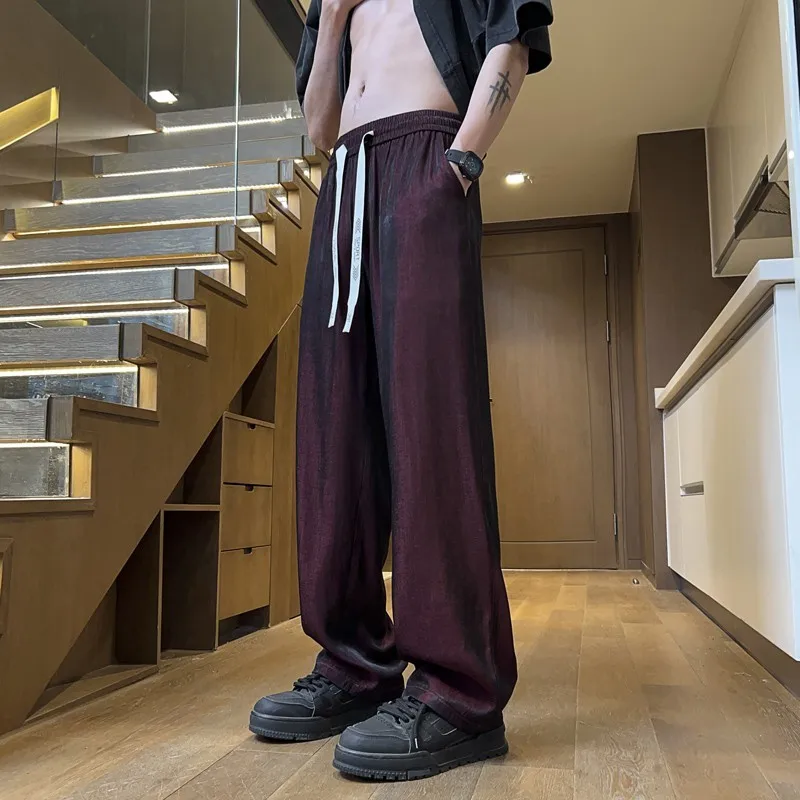 Summer Ice Silk Casual pants men Straight Pants Plus Size Men's Thin trousers Men Loose Comfortable Wide Leg Pants Wine Red