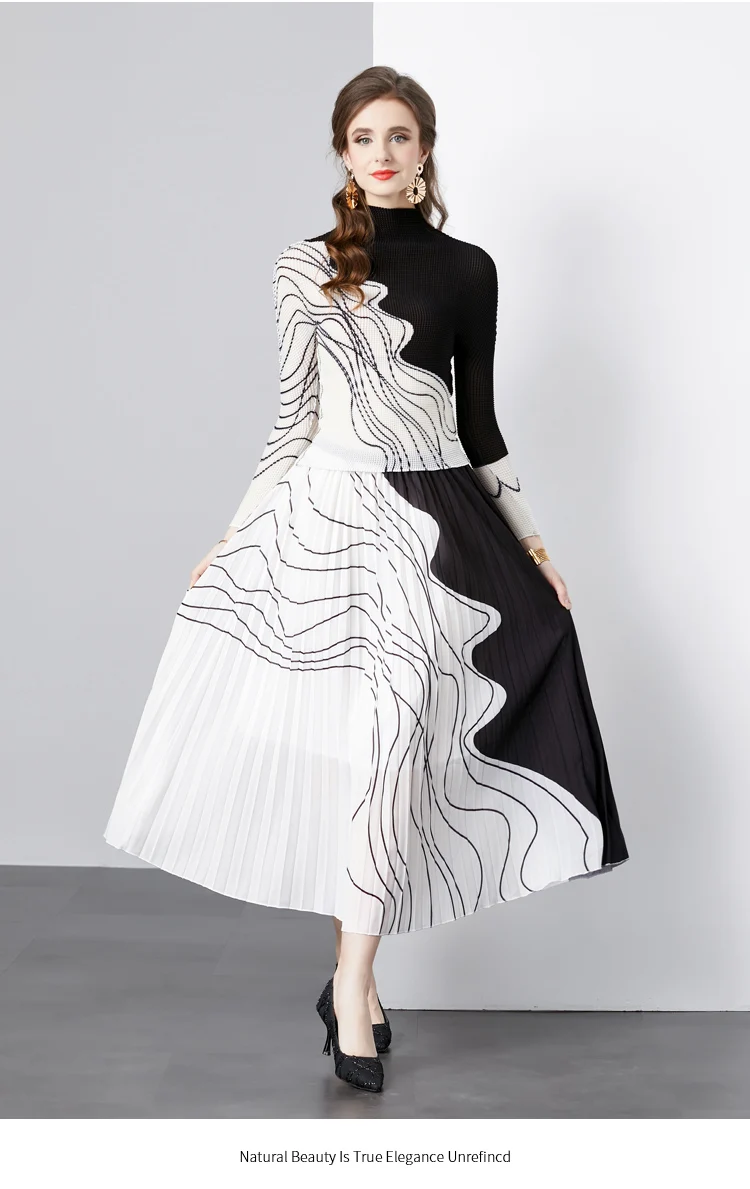 Miyake Hand-Pleated Women Elegant Dress French Fashion Design Loose Long Sleeve Female Elegant Pleated Dresses 2024 Spring New