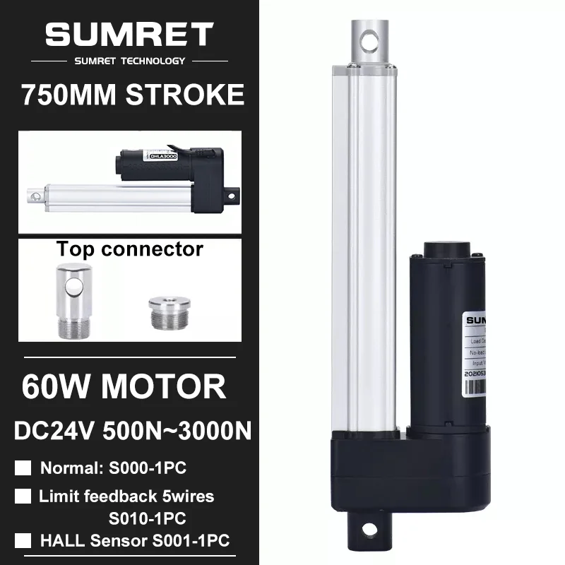 

750mm Stroke Linear Actuator With Hall Sensor Magnet Limit Position Feedback DC 12V 24V Motor 3000N 1500N 1000N 600N Door Opener