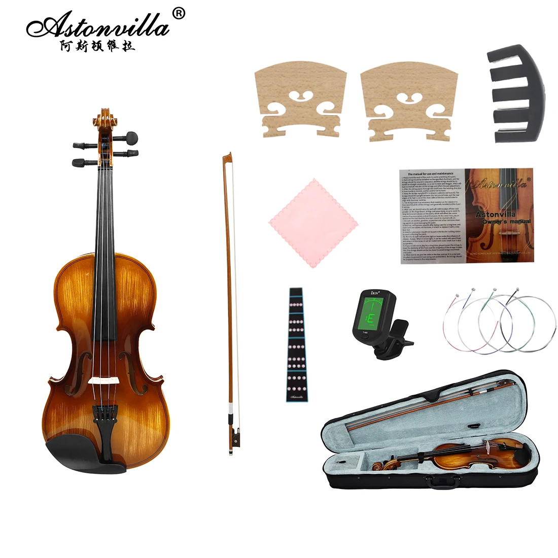 

Astonvilla 4/4 Violin Series Set AV-207 Made of Solid Wood Violin Glossy Paint Surface Natural Color Instrument Accessories