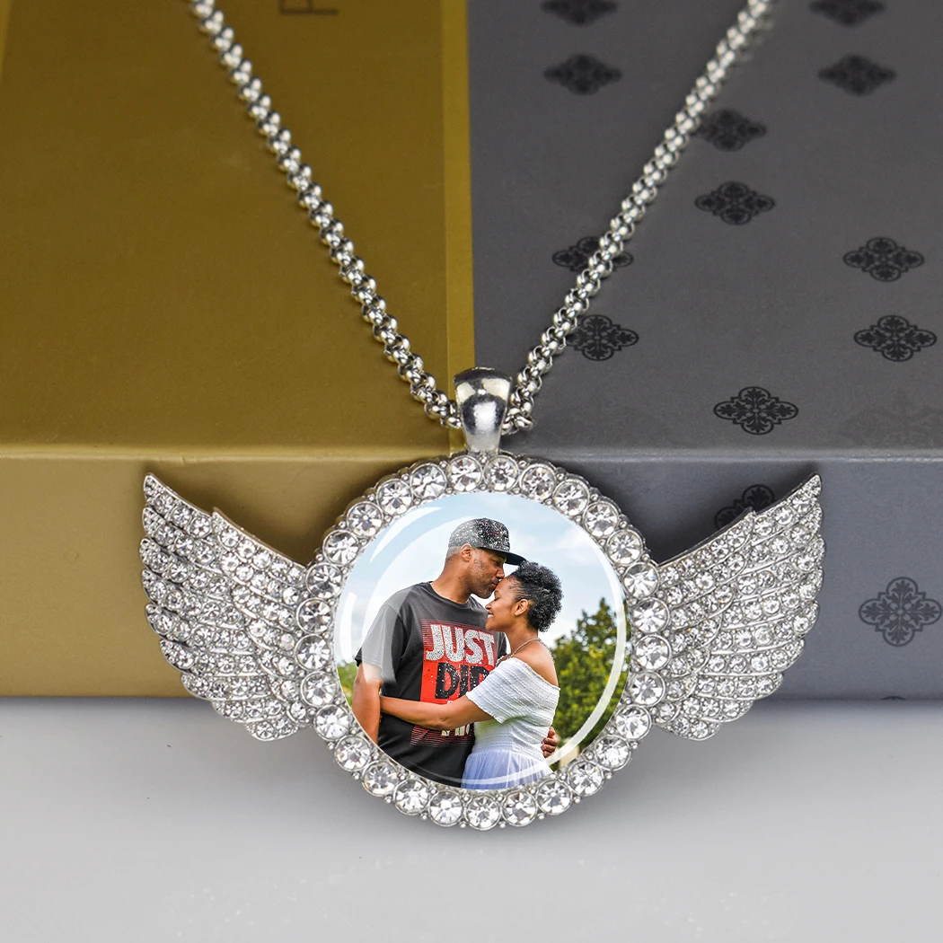 DHQH Customized Picture Necklace Personalized Photo Angel Wings Water Diamond Pendant Necklace Creative Fashion Hip Hop Jewelry view 4