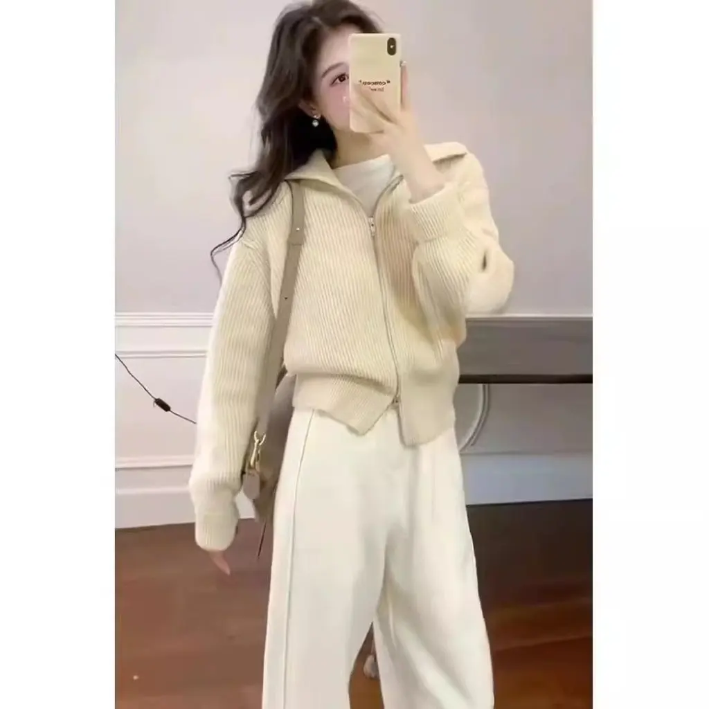 

Women's Large Size Zipper Lapel Knitted Cardigan Casual Turtleneck White Sweater Jacket Loose Lazy Style Autumn Winter