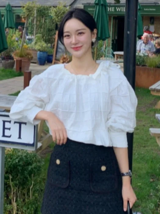 Sweet Versatile Dongda Gate irt Spring 2025 Square Collar Lantern Sve  Color Hooded Other Material 00% Women's Fas...