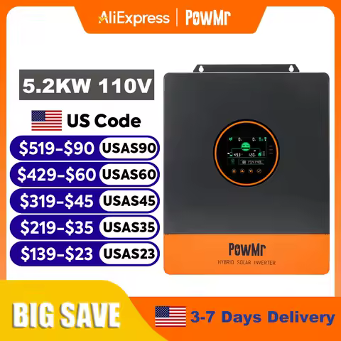 PowMr 5.2KW Split Phase Inverter 110V 48V On Grid Off Grid Pure Sine Wave Hybrid Solar Inverter with MPPT 100A Battery Charger