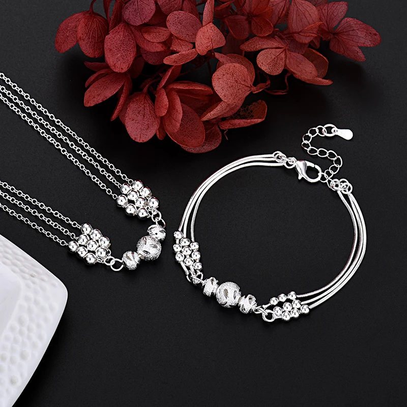 Jewelrytop Fine 925 Sterling Silver Charm Beads Necklace Bracelet Jewelry For Women Men Chain Set Wedding Gift