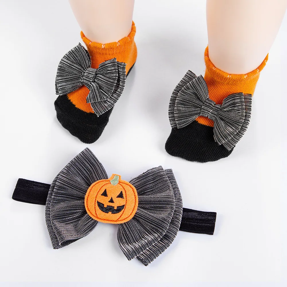 0-1Y Halloween Newborn Bowknot Headband Socks Set Baby Bow Pumpkin Headdress Orange All Saints' Accessories Set for Baby Girls