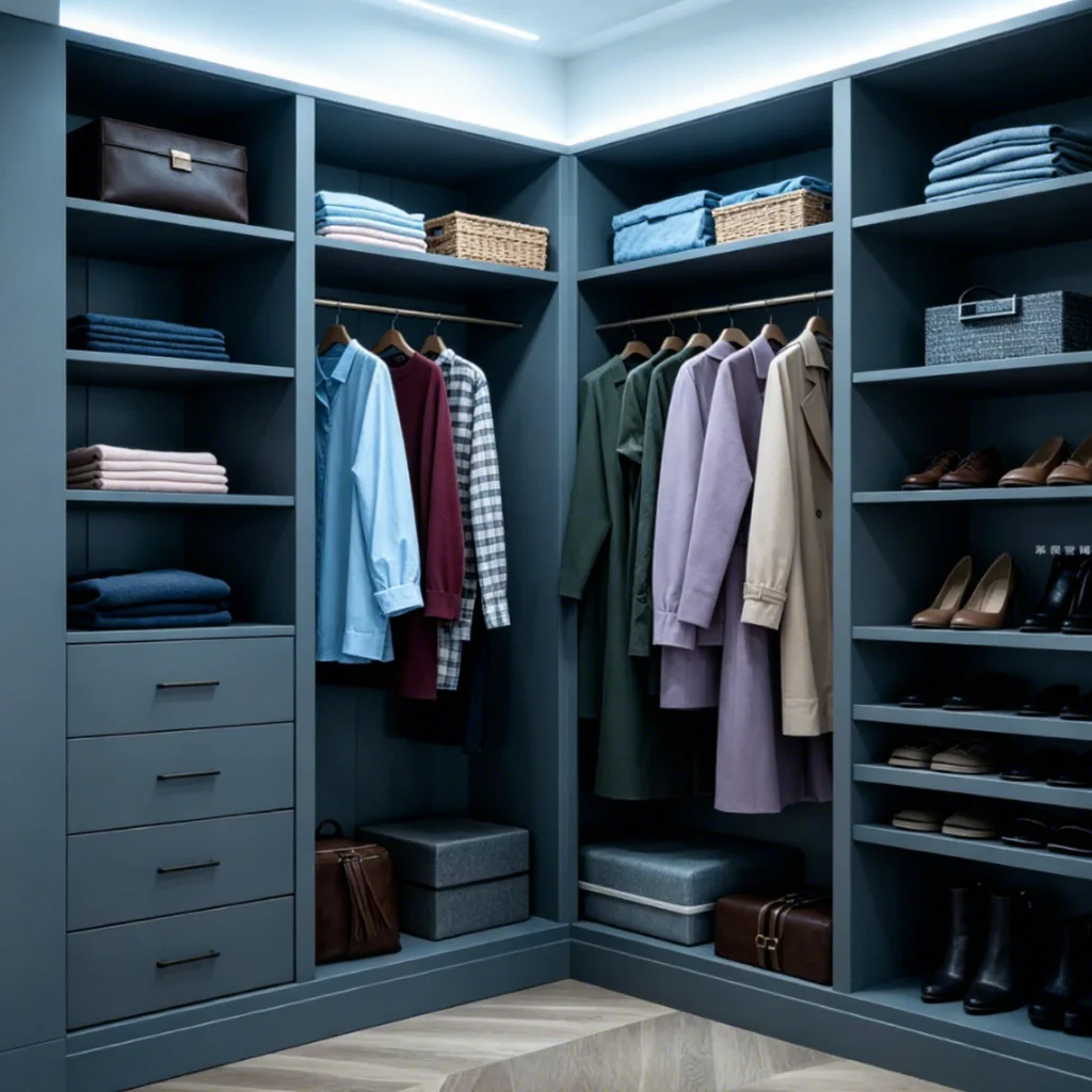 jy-Open Concept Modern Bedroom Walk-In Closet System Doorless Sections Drawer Storage LED Light Strip High Capacity Wardrobe for