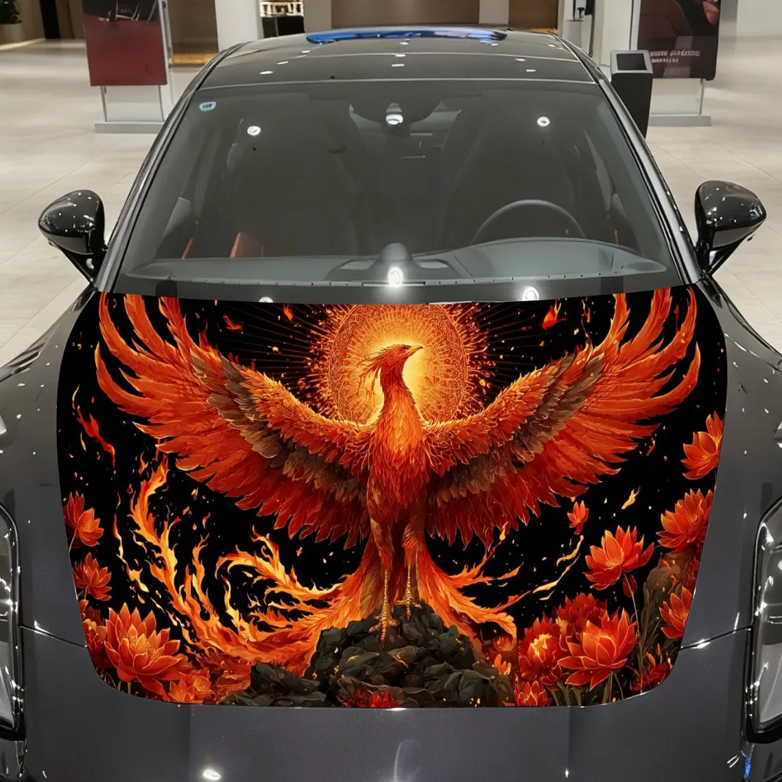 

Scorching Sun & Lotus Flames Embrace Phoenix Car Vinyl Wrap, PVC Material Waterproof Car Hood Sticker, Self-Adhesive Scratch-Res