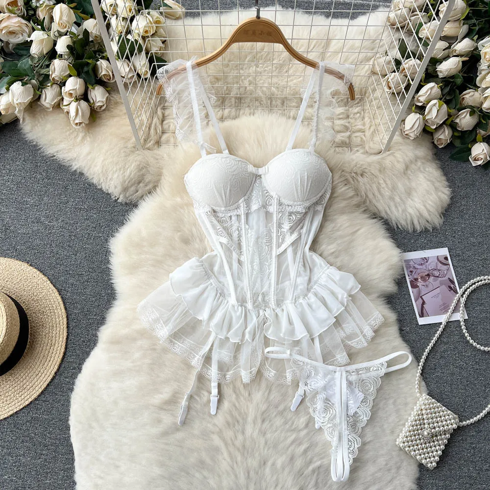 Lace Sexy Underwear Suits Women Ruffles Sheer Camis Mesh Sensual Dress Suits Porno Erotic Open Crotch Slim Pajamas