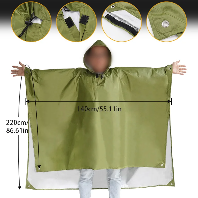 3 In 1 Outdoor Poncho One-Piece Raincoat with Hoods Travel Ultralight For Men Women Camping Hunting Clothes Shelter Tent Mat