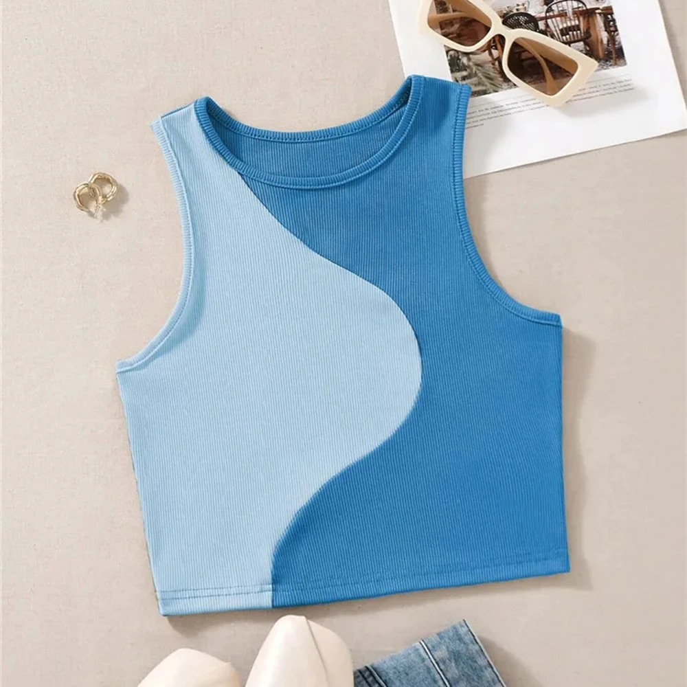 Women Sexy Solid Camis Crop Top Casual Tank Tops Vest Sleeveless Streetwear Patchwork Color T Shirt Navel Exposed Tees Summer