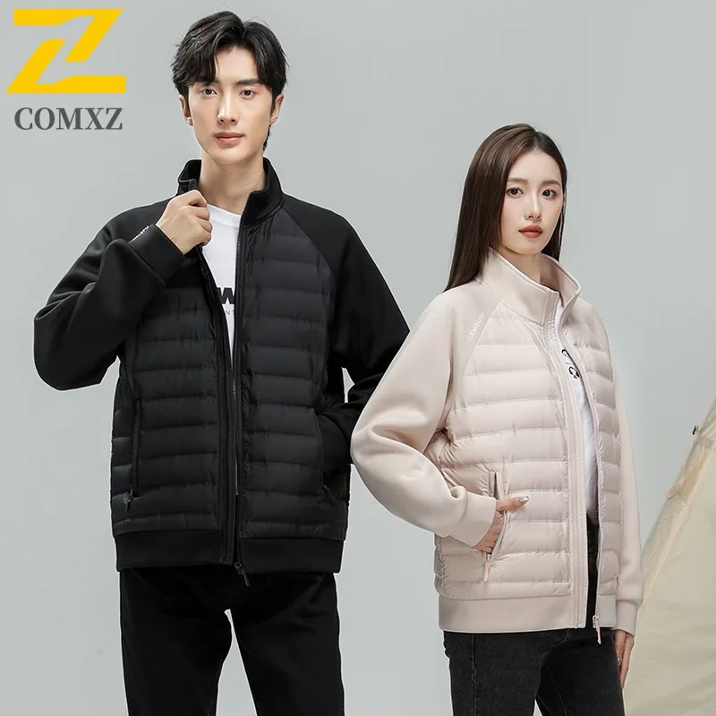 COMXZ Men 90% Down Lightweight Down Jacket Windproof Thermal Loose Fit Versatile Casual Stand Collar Solid Color Patchwork Coat