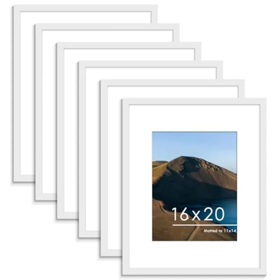 

16x20 Picture Frame Set of 6 Display Pictures 11 x 14 with Mat or 16 x 20 without Mat for Wall Mounting Display Poster Frames C