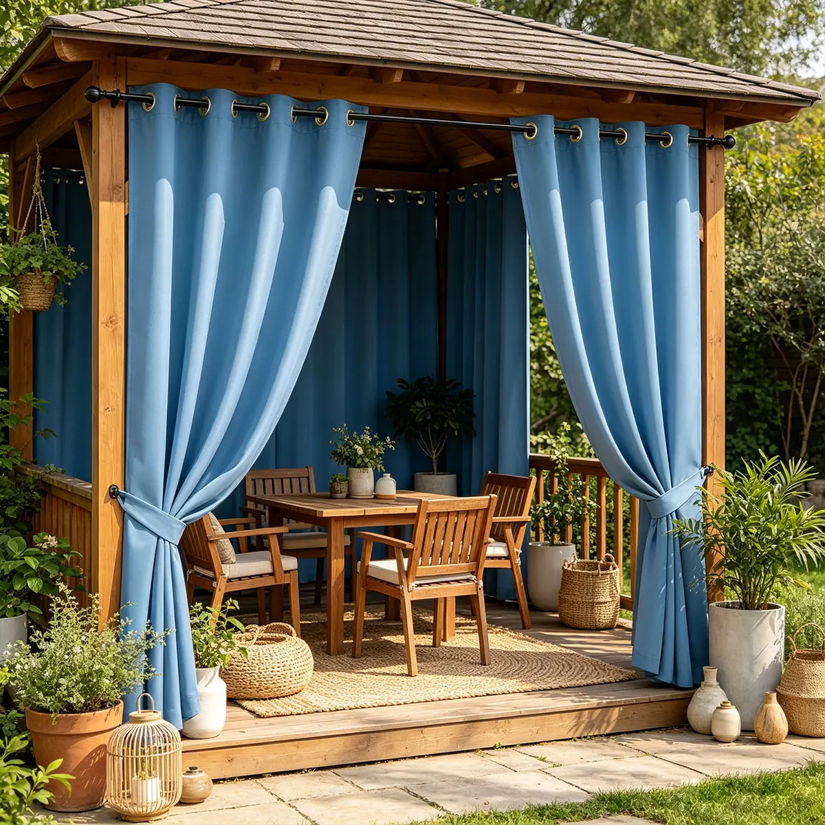 Blue Waterproof Outdoor Curtains 2 Panels, Grommet Top High Density Light Blocking Privacy Pergola Patio Gazebo Drapes