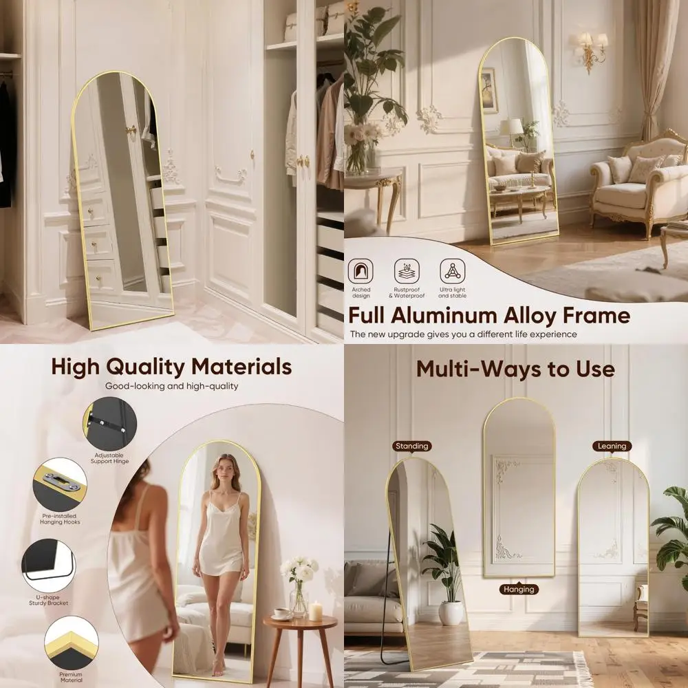Grande espelho de comprimento total arqueado em vidro temperado dourado com suporte, opção de suspensão de parede ou montagem no chão, moldura de alumínio, comprimento do corpo