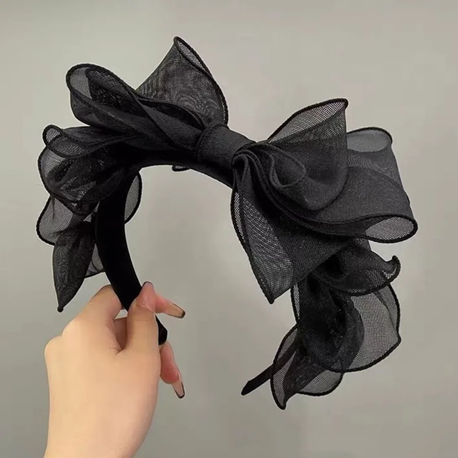 Moda Korea Retro czarna siatka opaska z dużą kokardą akcesoria do włosów kobiety oryginalność potargane krawędzie akcesoria stylistyczne obręcz do włosów