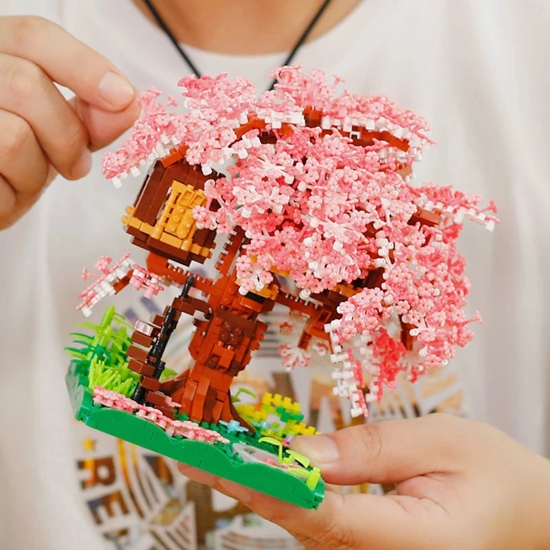 With Lights Sakura Tree House Building Blocks City Cherry Blossom Japanese Friends Street View Mini Bricks Toys Chsristmas Gifts