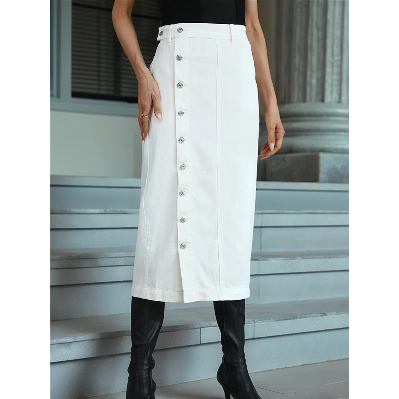 

NEW-Womens Casual Slit Denim Midi Jean Skirt Stretch High Waist Frayed Button Up