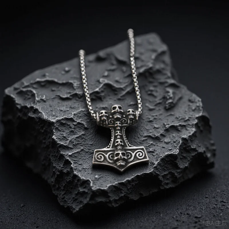 

Men's European and American retro stainless steel skull element Thor's hammer pendant necklace titanium steel jewelry
