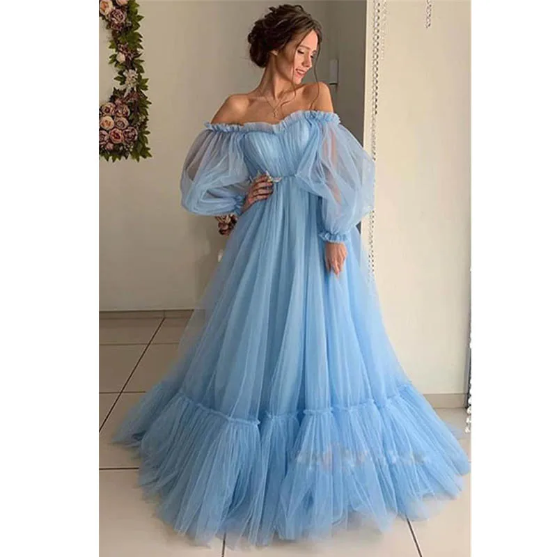 Vestidos de Fiesta rosa para mujer, vestido Formal de tul con un hombro al aire, mangas abullonadas, azul claro, longitud hasta el suelo