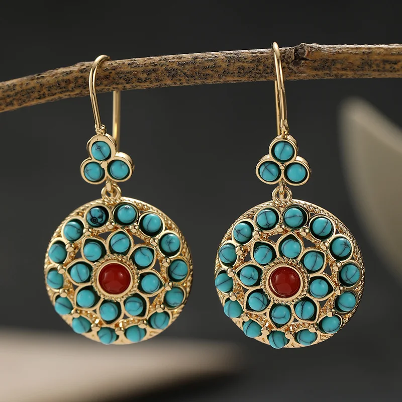 Women's Vintage Bohemian Style Pendant Earrings Fully Embedded With Synthetic Turquoise Versatile Earrings Retro Trend Jewelry