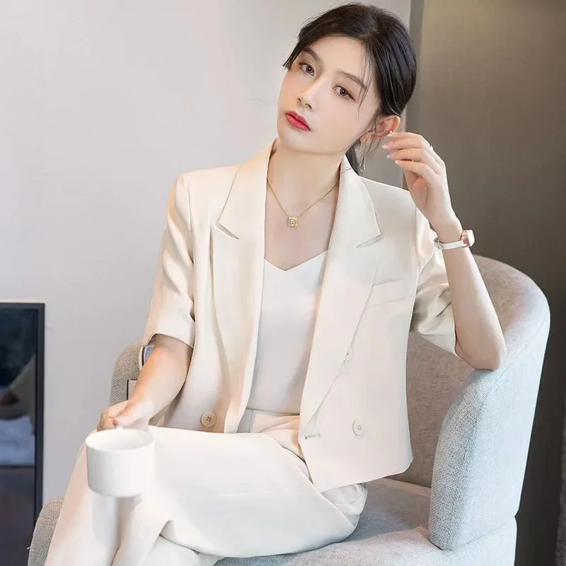 DAYIFUN Women Solid Color Sets Lapel Short Sleeve Streetwear Double Breasted Blazer and Trousers Fashion Casual Ladies Suits