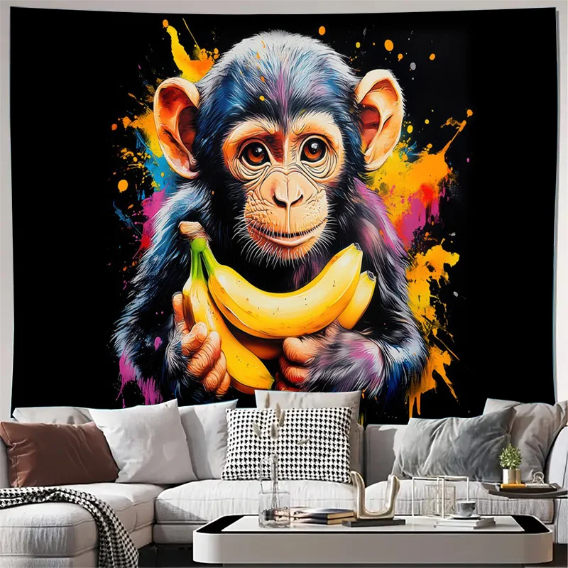 Colorful Monkey and Banana Pop Art Tapestry Wall Hanging Jungle Animal Decor Bohemian Style Living Room Poster Art Print
