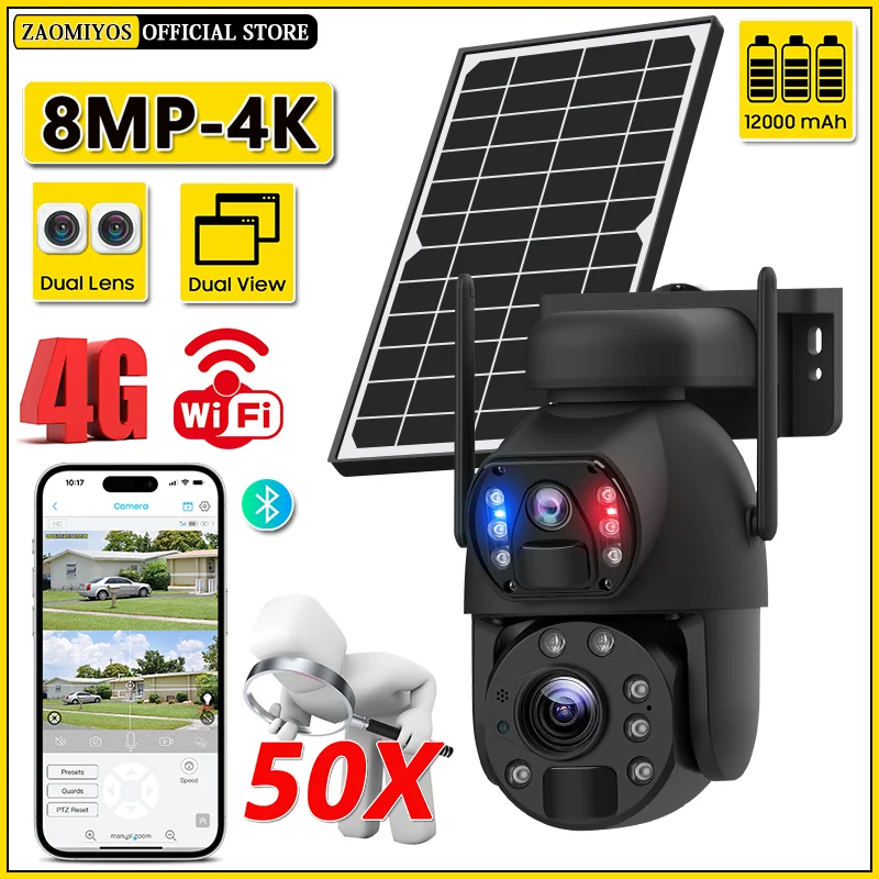 

4K Dual Screen WiFi PTZ Security Protection Solar Camera 8MP 50X Optical Zoom Outdoor Surveillance Wireless 4G SIM CCTV IP Cam