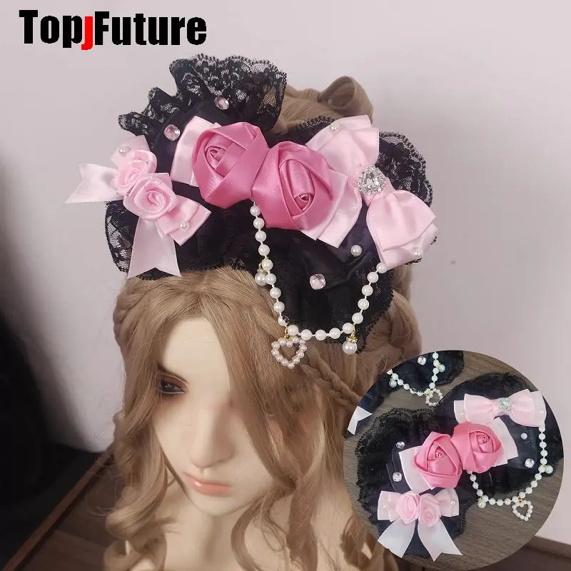 

Subculture Mars Gal Harajuku Goth Ji system rose love pearl Lace Lolita Steampunk Y2K girl Women Bow Hair Clip pins Top Hairpin
