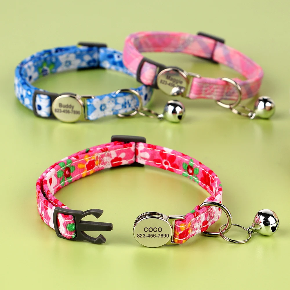 Cute Nylon Cat Collar with Bell Personalized Cats Collars Free Engraved Safe Breakaway Kitten Necklace Quick Release For Cats