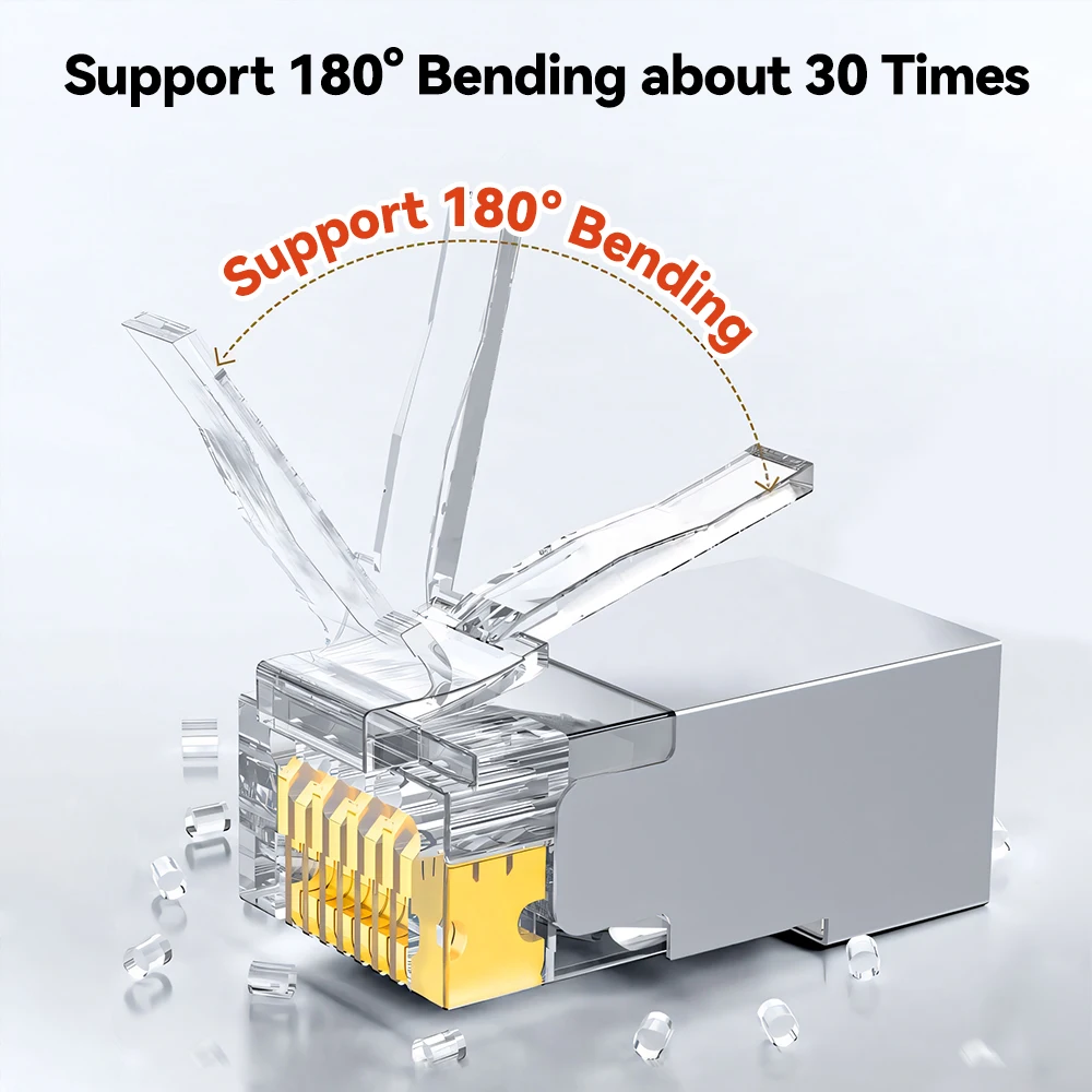 Denswire STP RJ45 Cat6 Pass-Through Connectors, FTP Crimp Modular Plugs, 3-Prong for Solid and Stranded Cable, 8P8C Design
