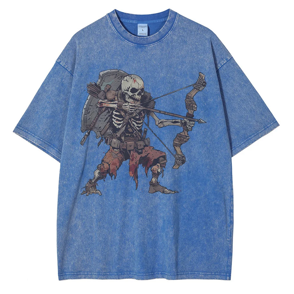 Skeleton Undead Warrior Graphic T Shirts Dark Dungeon Comic Print Oversized Men‘s T-shirt Retro Distressed Washed Cotton Tops