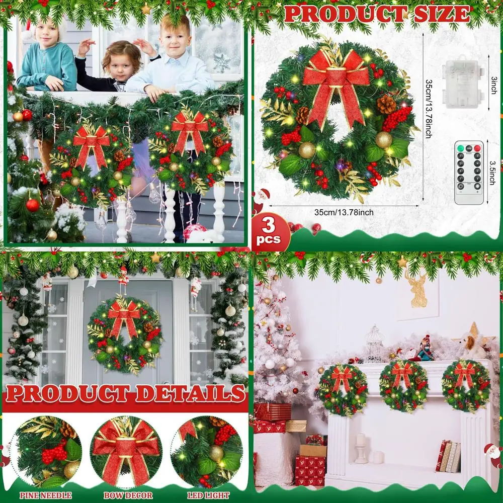 

Предколотые искусственные рождественские венки, 14 дюймов, 60 светодиодных фонарей, на батарейках, красные ягоды, лук, сосновые шишки, листья кипариса, бал