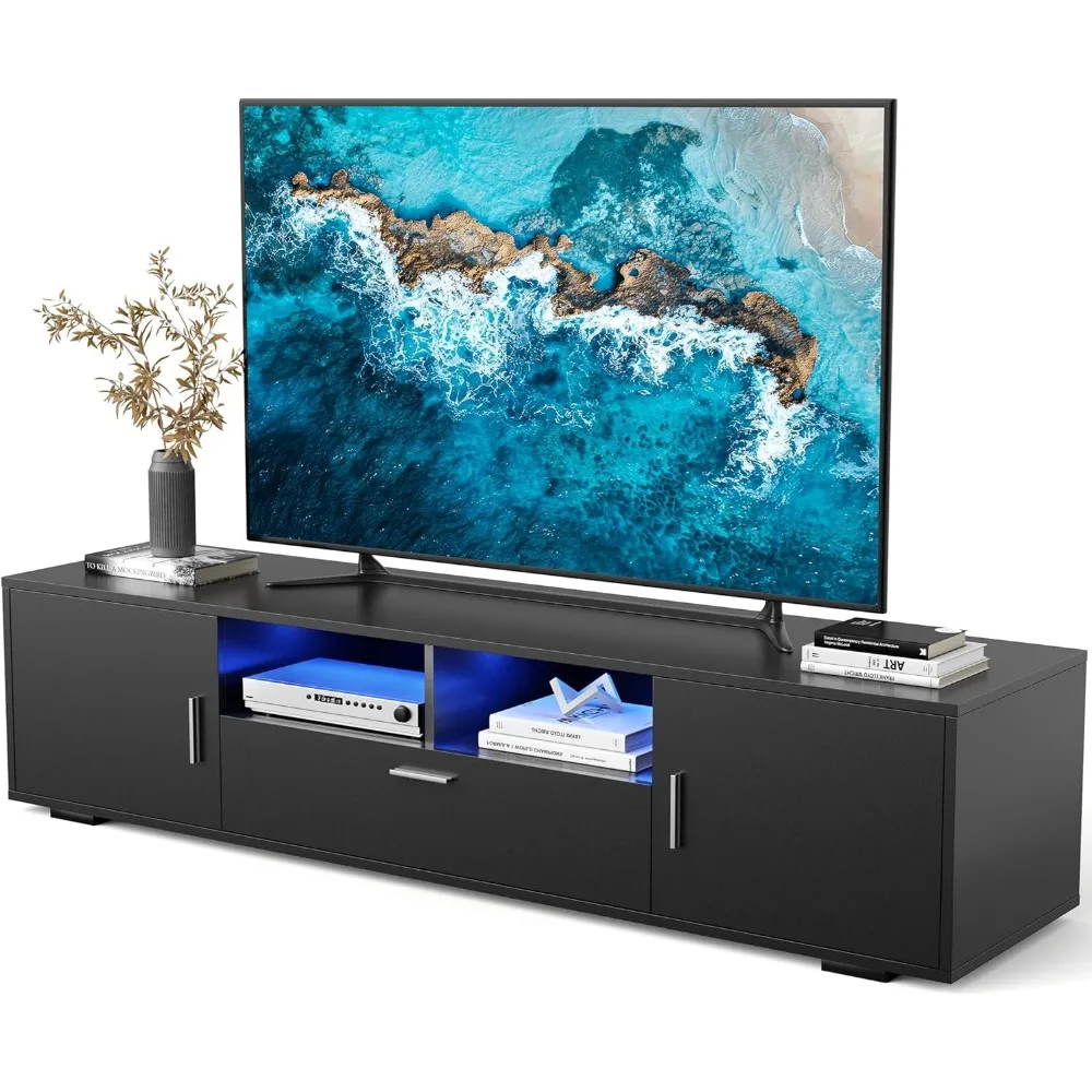 

Led TV Stand for Living Room 75 inch TV, Modern TV Media Console Entertainment Center w/Storage, Led Light - Black