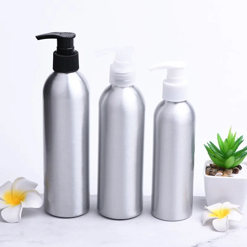 1oz 2oz 8oz 30/50/60/100ml/150/200nl/250ml Empty Round Aluminum , Sliver Metal Bottle With Black/White Twist Lotion Pump