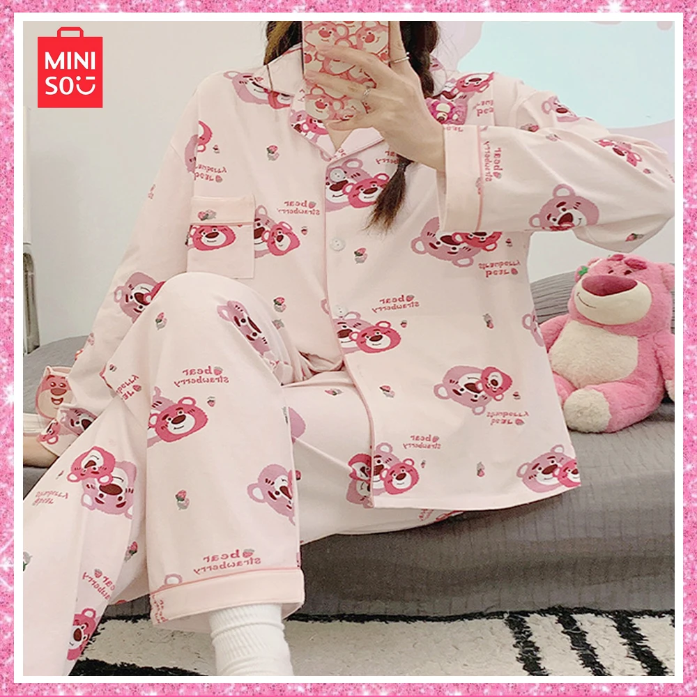 2023 Miniso Lotso Cartoon Print nuova primavera autunno Cute Milk Silk pantaloni a maniche lunghe studente 2 pezzi pigiama Set Home Out Girls Gift