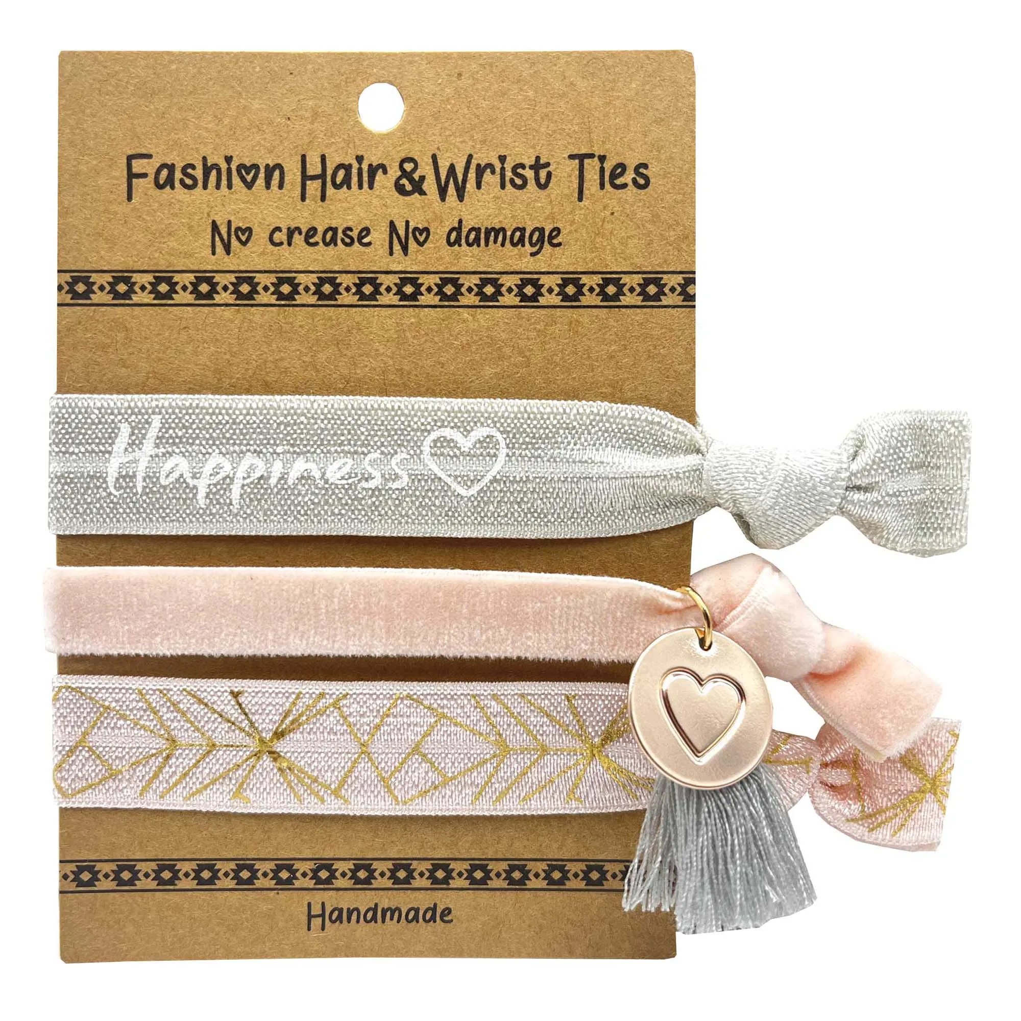 

6Packs Happiness Hair Ties Bracelet with Heart Charm Velvet Gold Foil Print Ponytail Holder Girls Elastic Hair Band Accessories