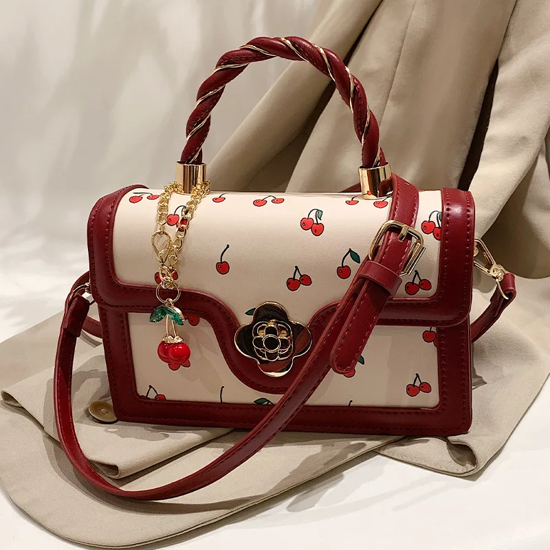 

High-end Quality Fashion Handbags for Women 2025 New Cherry Print Single-shoulder Crossbody Bag Luxury Design Small Square Bags