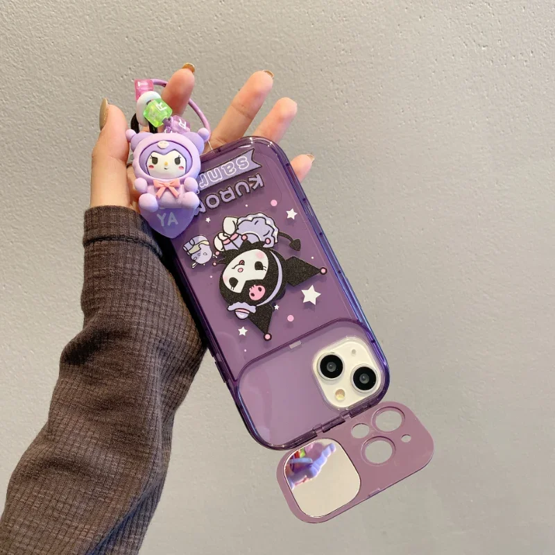 Kawaii Kuromi Kawaii składane etui na telefon Iphone 11 12 13 14 15 Pro Max PLUS z lalek wisiorki ozdoby lusterko do makijażu