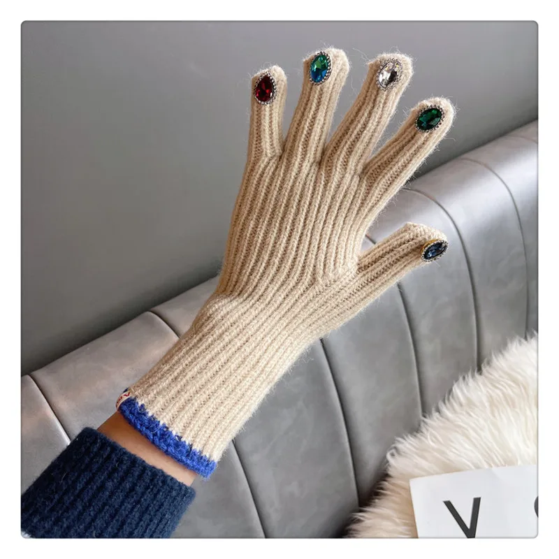 Frauen Winter Warme Gestrickte Volle Finger Handschuhe Solide Wolle Luxus Strass Mädchen Mode Touchscreen Fäustlinge Weibliche Drving – Detail 1