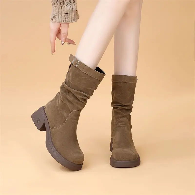 جولة تو كعب متوسط المرأة نصف أحذية عالية الخريف الشتاء الصوف مبطن منصة السيدات منتصف العجل أحذية أنيقة وأنيقة التمهيد #1