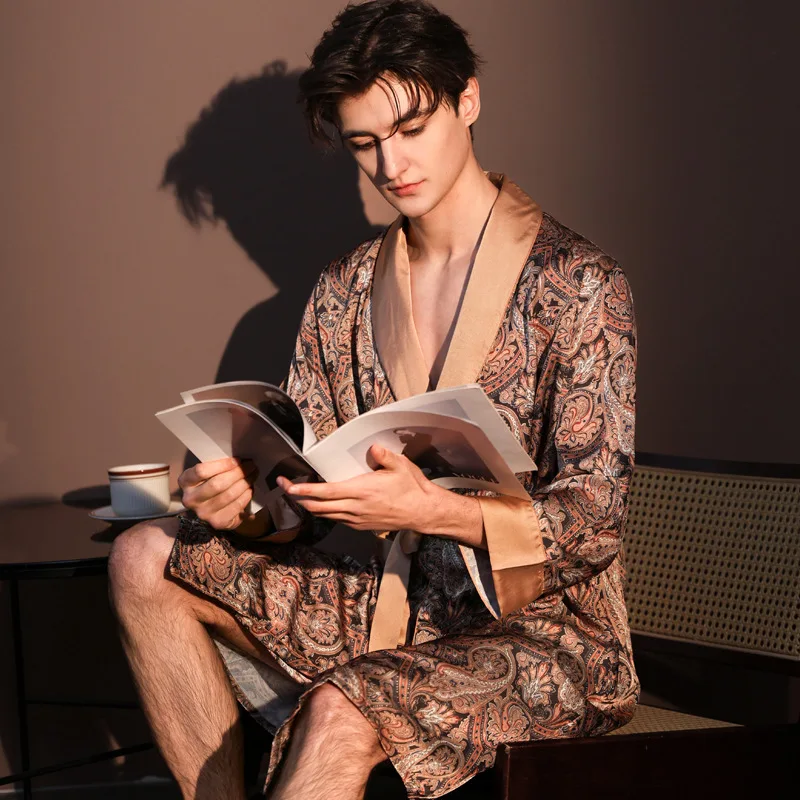 Men Bath Robe Satin Print Kimono Bathrobe Ice Silk Dressing Gown Plus Size Sleepwear Lounge Nightgown view 6