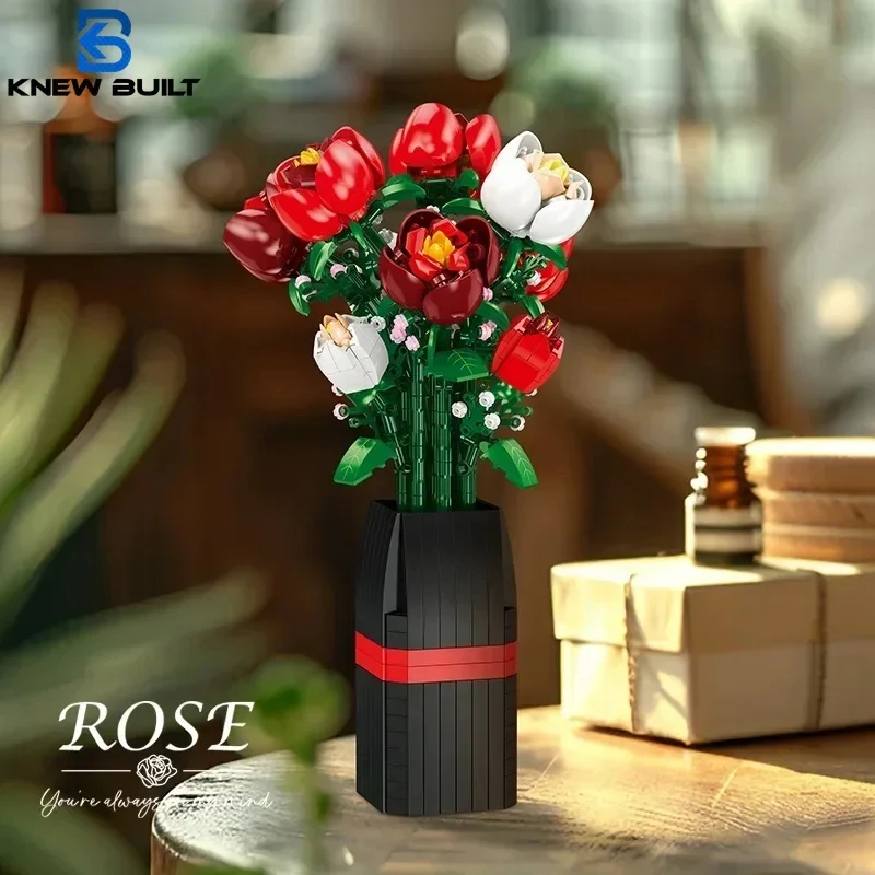 

Конструктор KNEW BUILT DIY «Роза» с вазой: Элегантный цветочный декор, подарок для девочек, украшение для комнаты и офиса, игрушки и сувениры