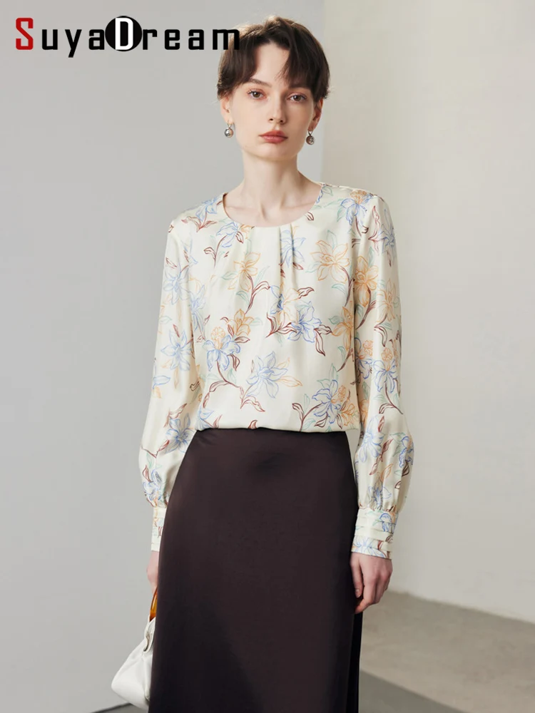 

SuyaDream Women Floral Blouses, Twill 100%Real Silk, Round Collar, Long Sleeves Shirts, 2024 Spring Summer Elegant Top