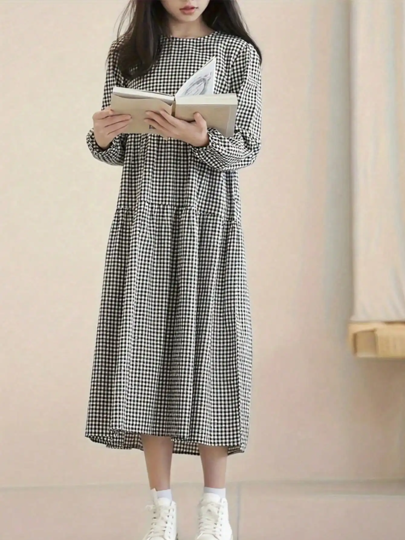 Girls Plaid Long Sleeve Dress Loose Fit Sweet Casual Skirt for Spring Autumn Party Gifts
